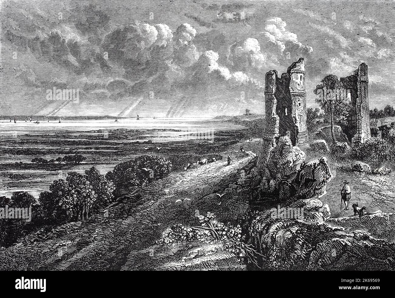 Digital improved reproduction, landscape by the sea with a ruined castle, hadleigh castle is a ruined castle on a hillside above the estuary of the thames south of the town of hadleigh in the english county of essex, after a painting by john constable, original woodprint from th 19th century Stock Photo