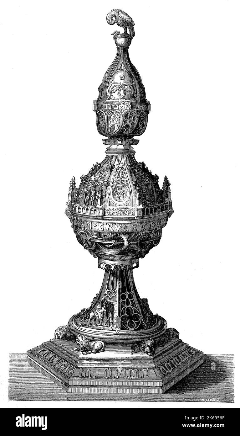 Digital improved reproduction, Spanish reliquary made of carved wood from the 15th century, original woodprint from th 19th century Stock Photo