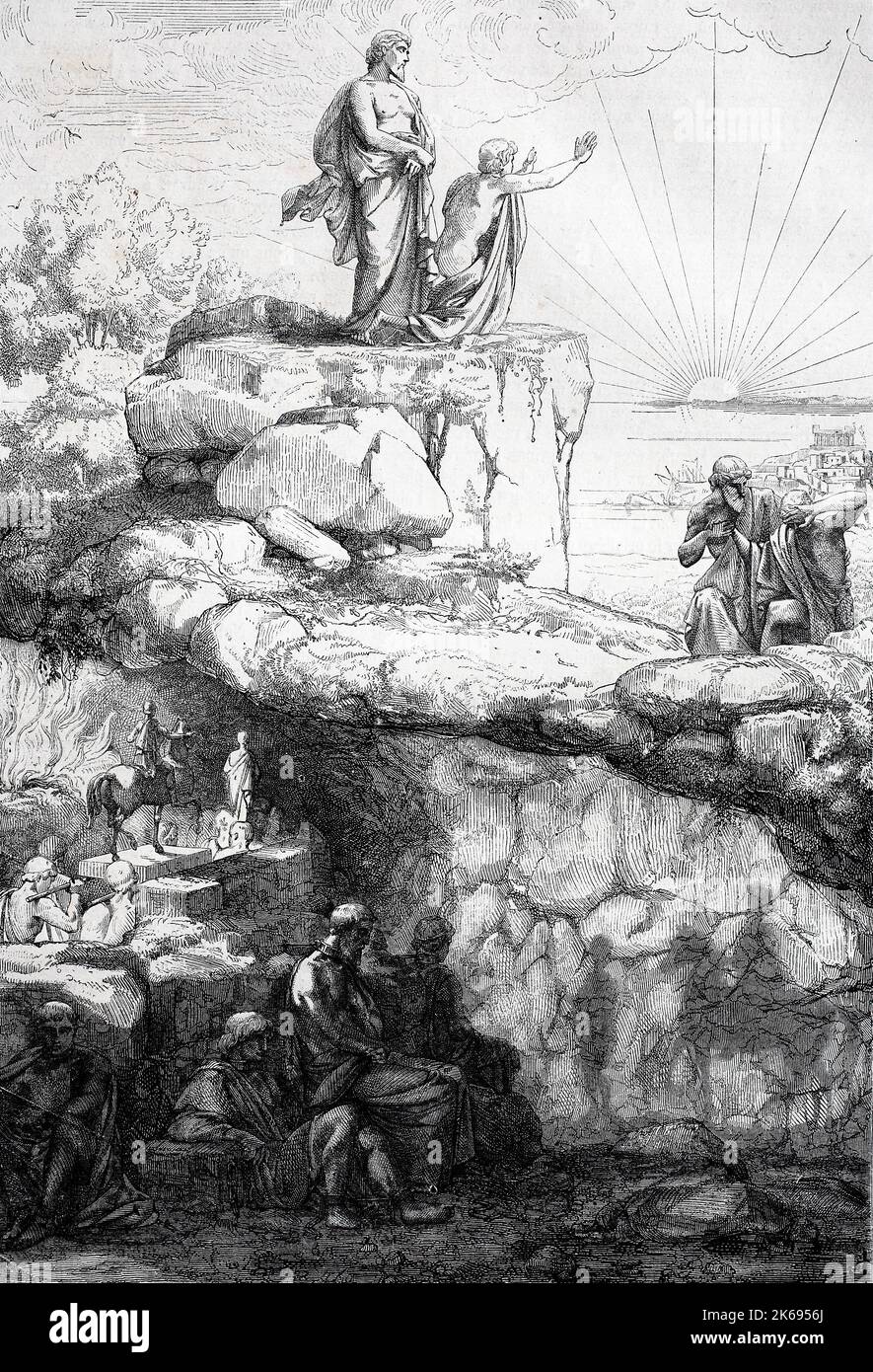 Digital improved reproduction, Plato's cave, allegory of Plato's allegory of the cave, ancient philosophy, original woodprint from th 19th century Stock Photo
