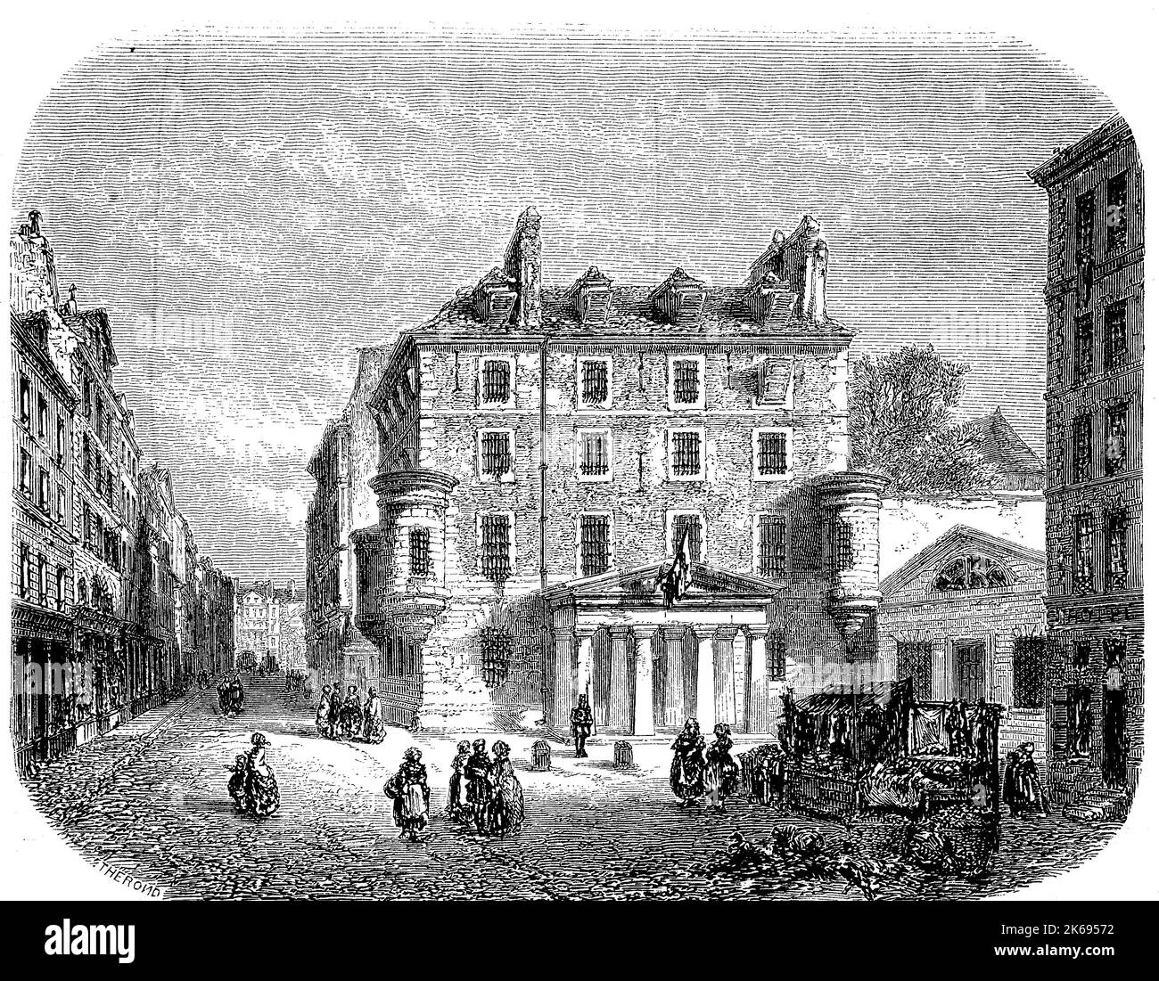 Digital improved reproduction, prison of abbey saint-germain des pres, prison de l'abbaye was a state prison, prison d'etat, in paris, which was used from 1522 to 1854, demolished in 1854, original woodprint from th 19th century Stock Photo