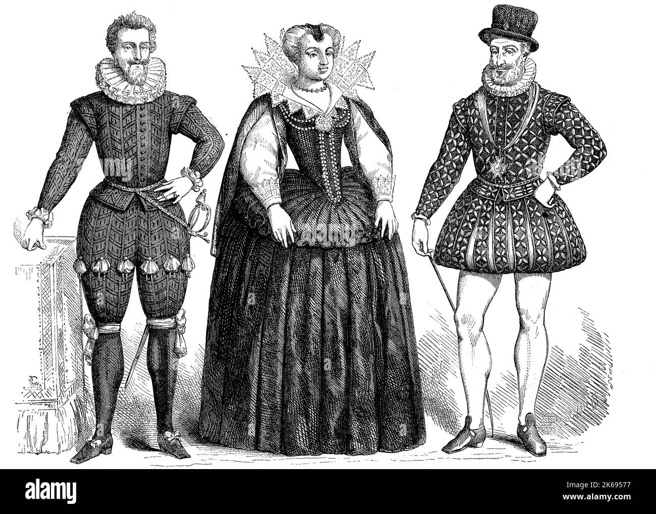 Digital improved reproduction, Fashion in Paris in 1600, Antoine de Saint-Chamond, Signer de Mery, an unknown lady and Henrie IV, original woodprint from th 19th century Stock Photo
