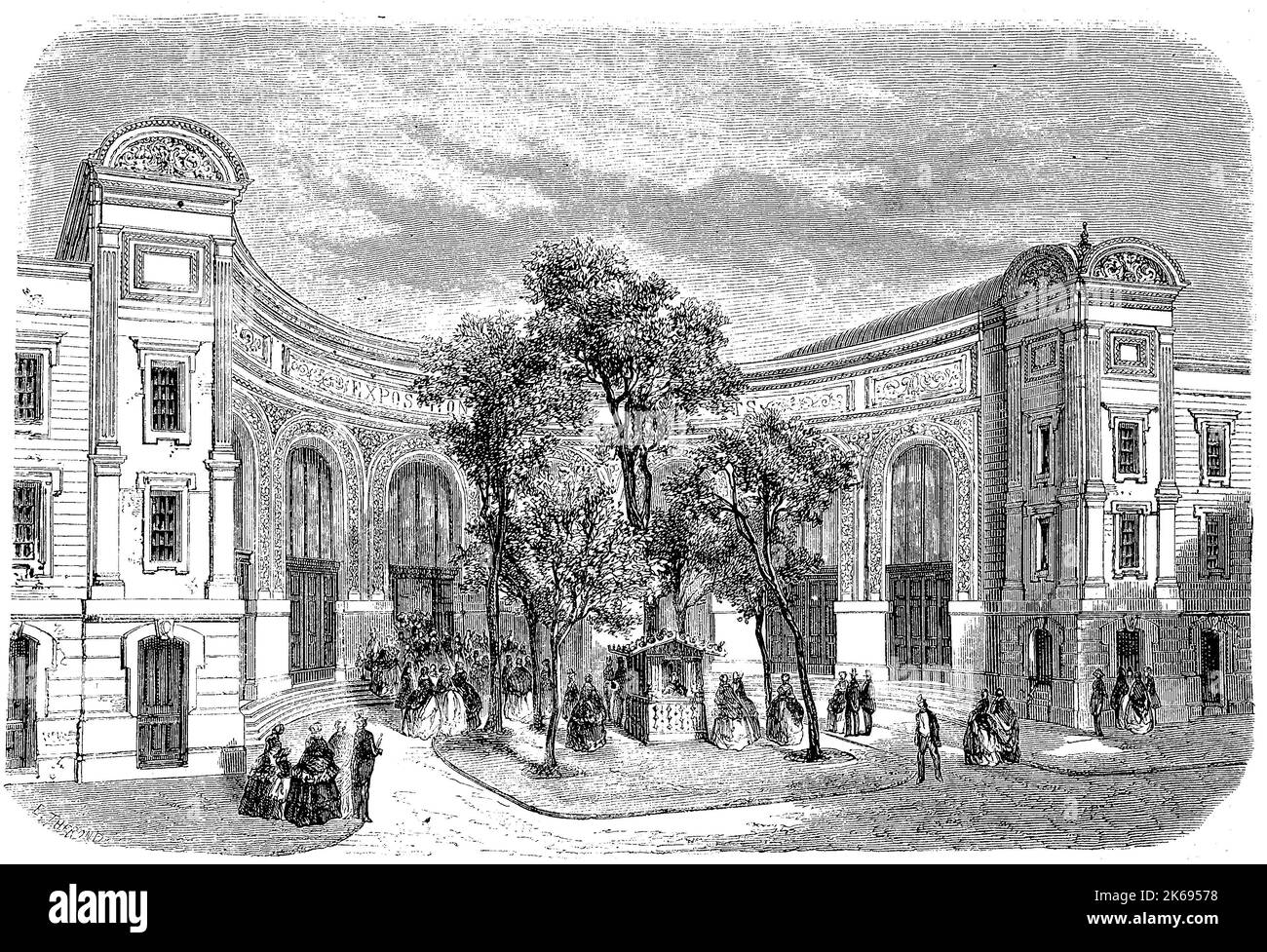 Digital improved reproduction, world exhibition paris 1855, entrance to the fine arts exhibition at champs-elysee, france, original woodprint from th 19th century Stock Photo