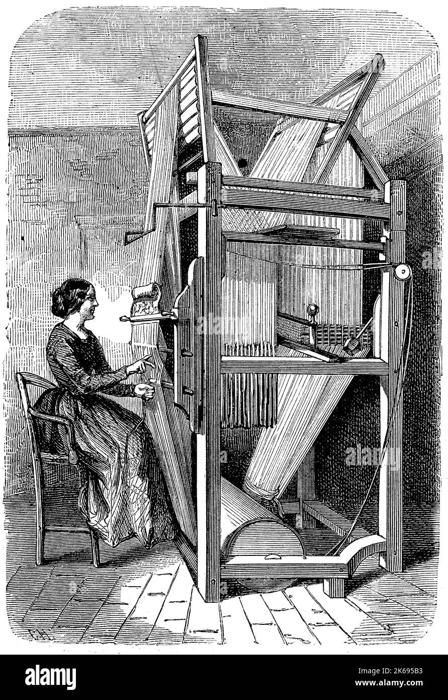 Digital improved reproduction, production of silks, Lisage, original woodprint from th 19th century Stock Photo