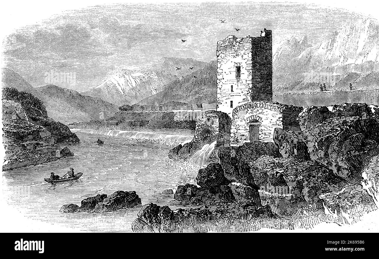 Digital improved reproduction, old tower serves as a mill on the bank of the herault, france, original woodprint from th 19th century Stock Photo