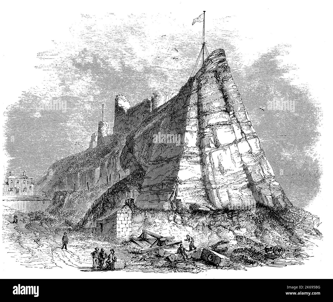 Digital improved reproduction, Remains of Hasting's castle, East Sussex, England, original woodprint from th 19th century Stock Photo