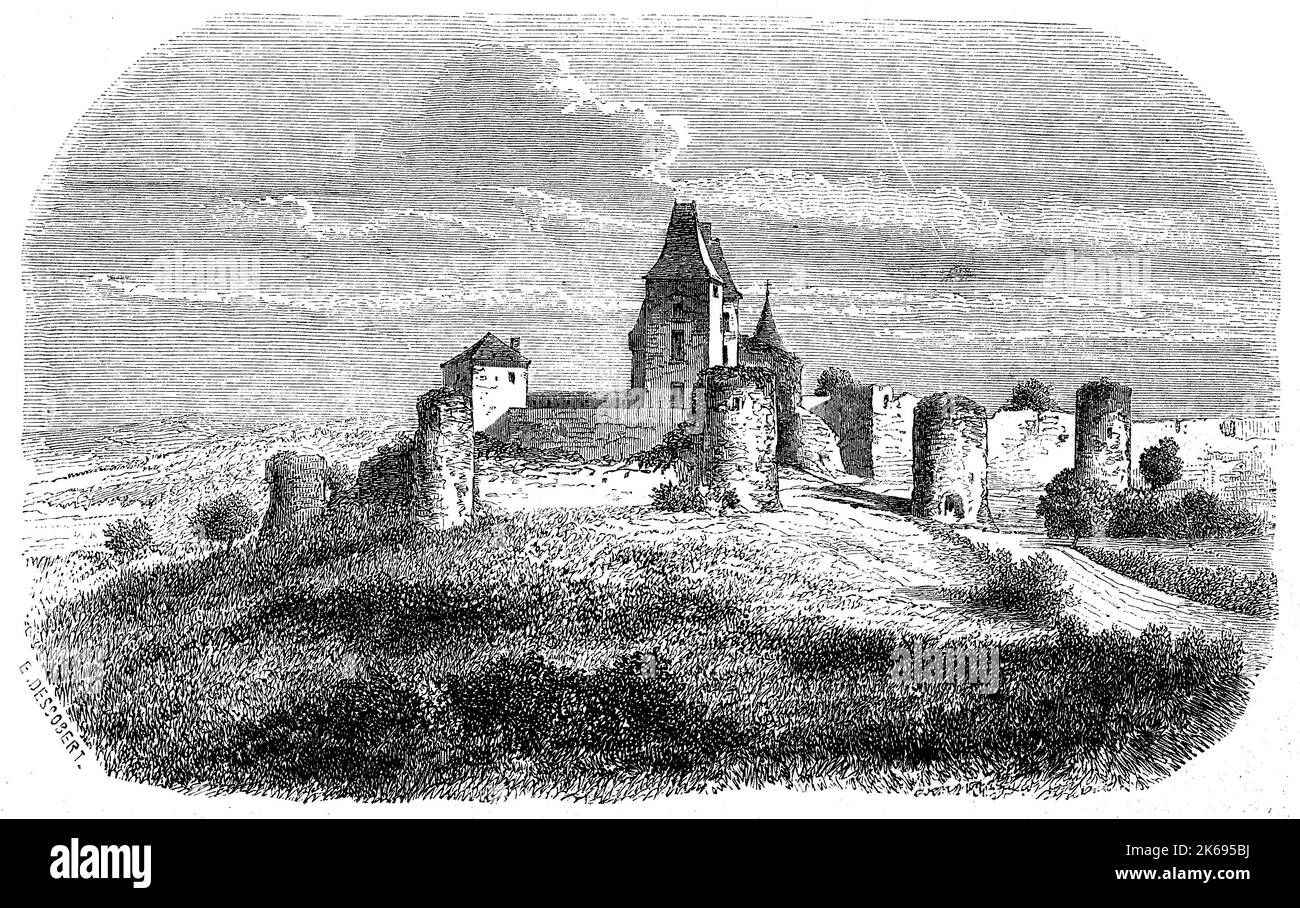 Digital improved reproduction, ruin of the castle of dyo in the department of saone-et-loire in the region bourgogne-franche-comte, original woodprint from th 19th century Stock Photo