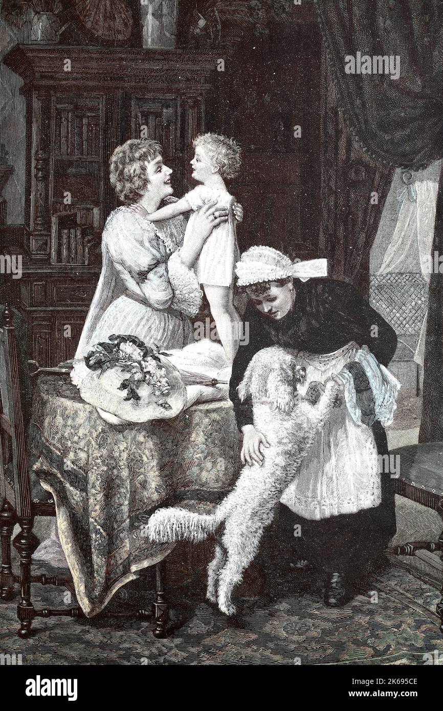 Digital improved reproduction, Guten Morgen Mama, das Kindermädchen hat das Kind morgens zur Mutter gebracht und wird vom Hund begrüßt  /  good morning mum, the nanny brought the child to the mother in the morning and is greeted by the dog, original woodprint from th 19th century Stock Photo