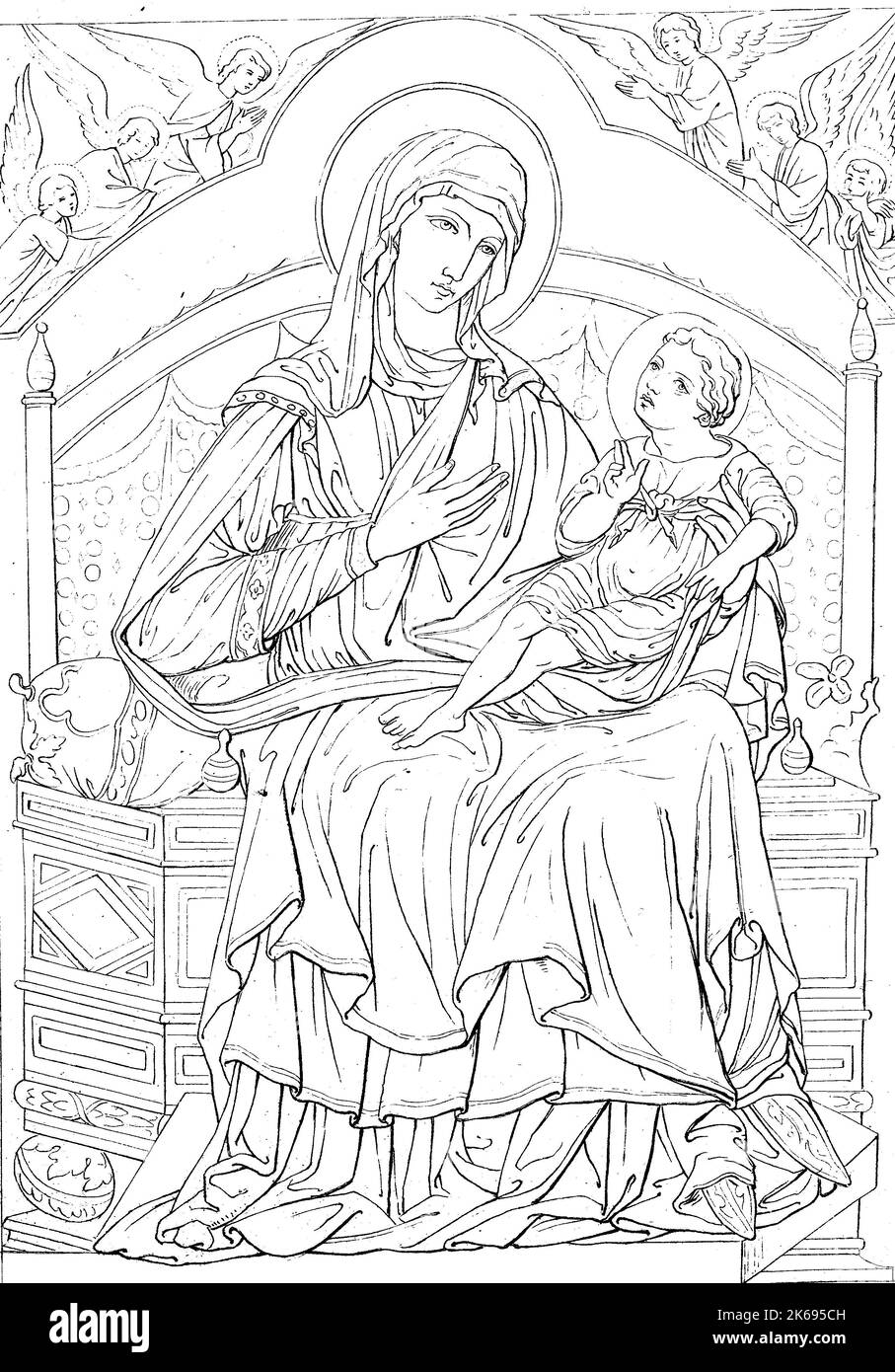 Digital improved reproduction, Mary with the child, by Guido da Siena, original woodprint from th 19th century Stock Photo