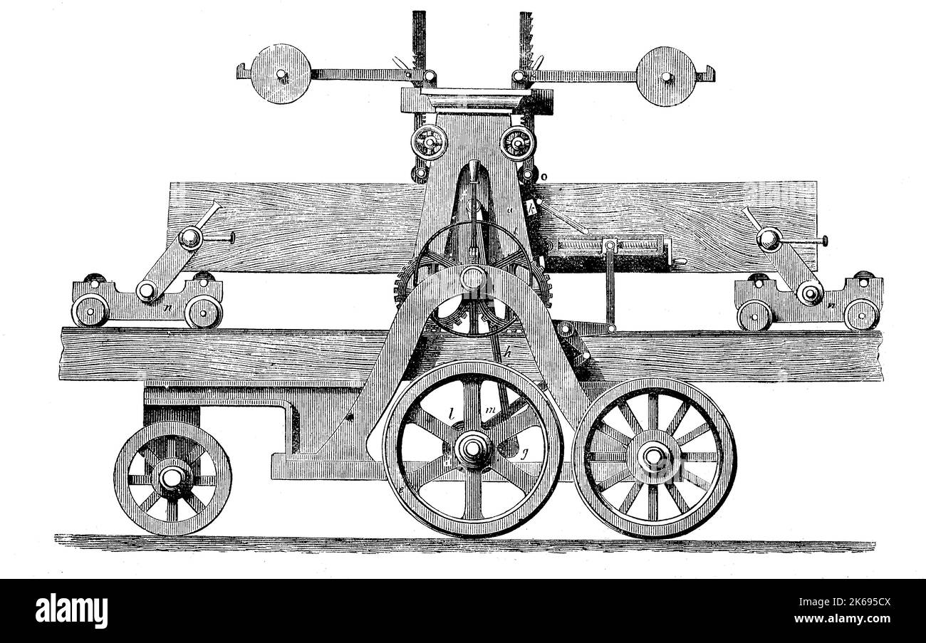 Digital improved reproduction, a saw machine from the year 1885, produced by Robinson, original woodprint from th 19th century Stock Photo