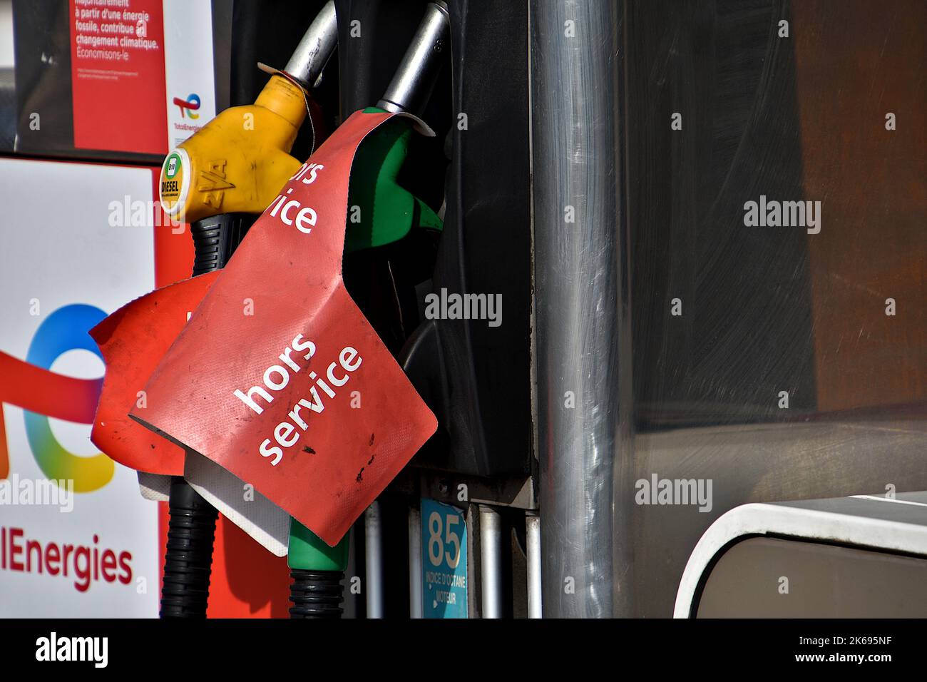 A TotalEnergies gas station in Marseille shows signs reading "out of