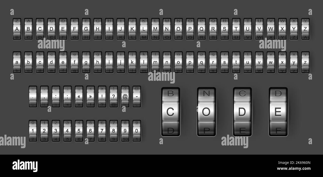 Combination code lock font, padlock type and typeface, vector alphabet