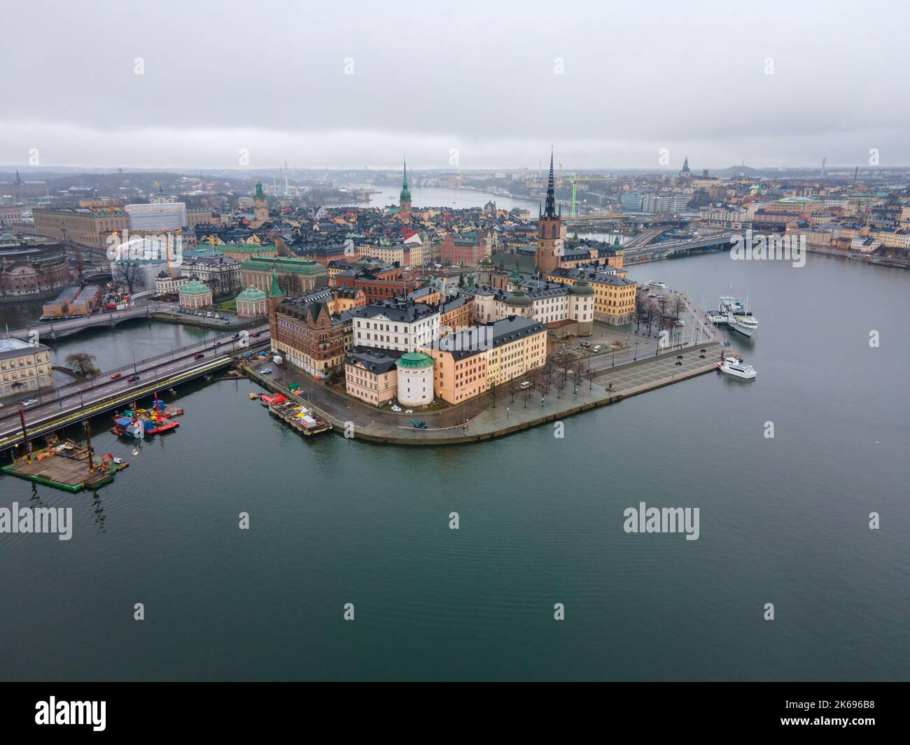 Stockholm,  Sweden - 30 12 2020: Areal view of the City Hall (Rådhuset), an example of national romanticism in architecture. Daylight. Stock Photo