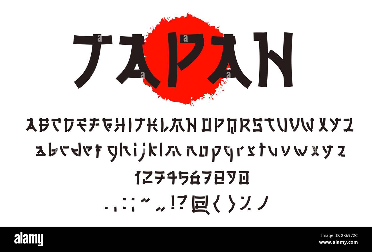 Asian Japanese font type, typeface alphabet or Japan typography vector