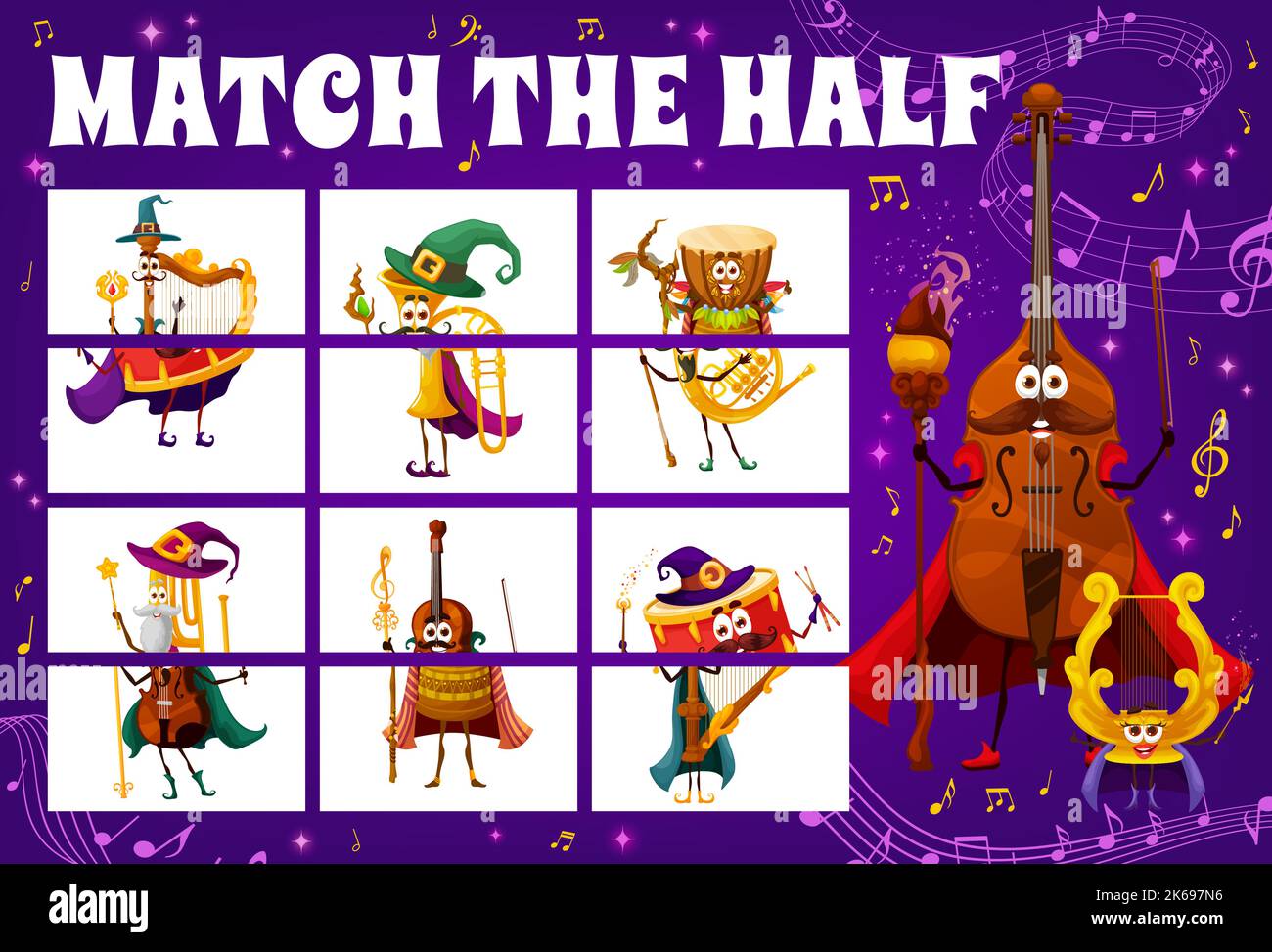 Match half of wizard and fairy musical instrument characters between music waves and sounds