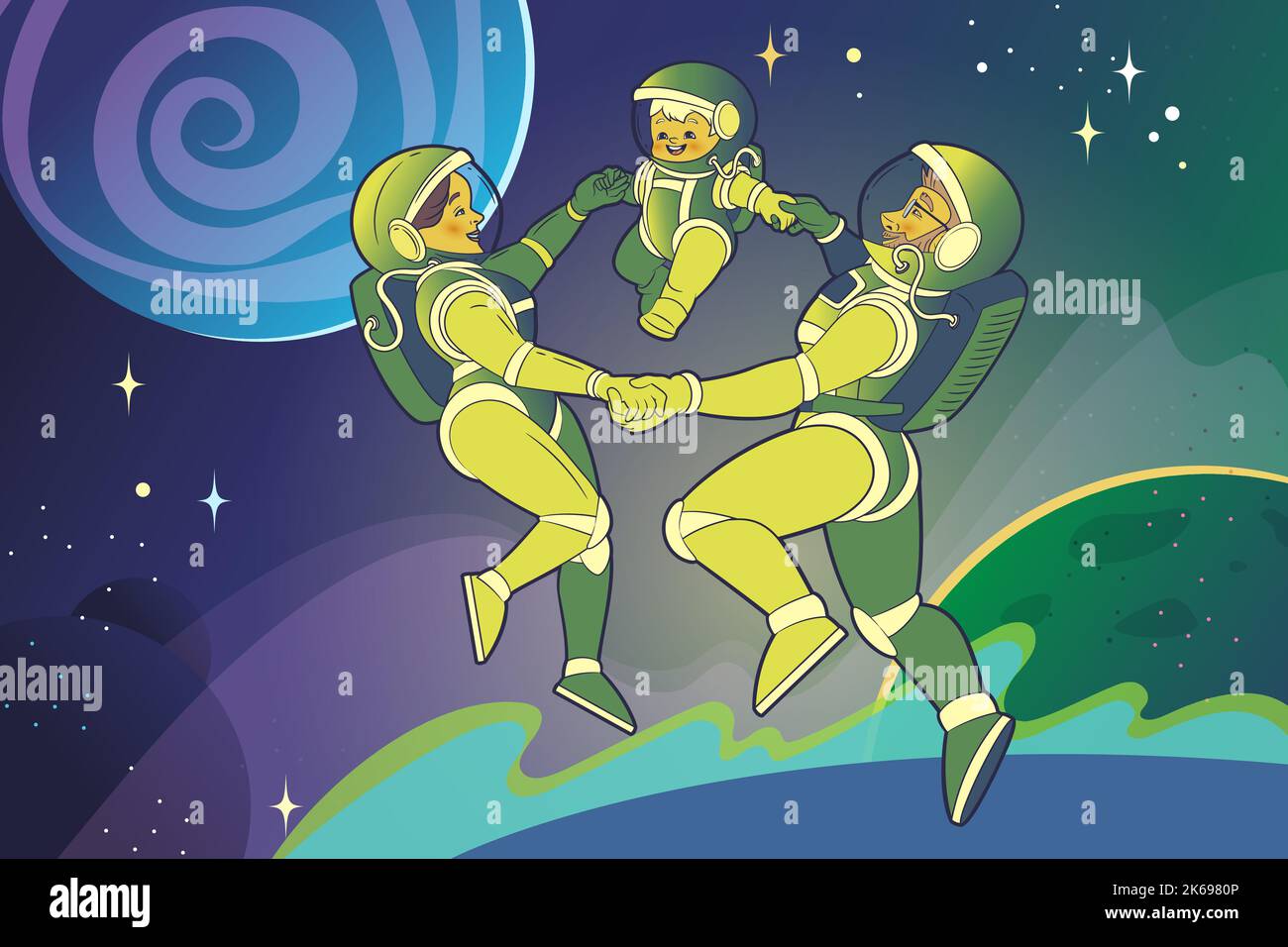 Family of astronauts mom, dad and child dance in a circle in space. Space landscape, vector illustration. Stock Vector