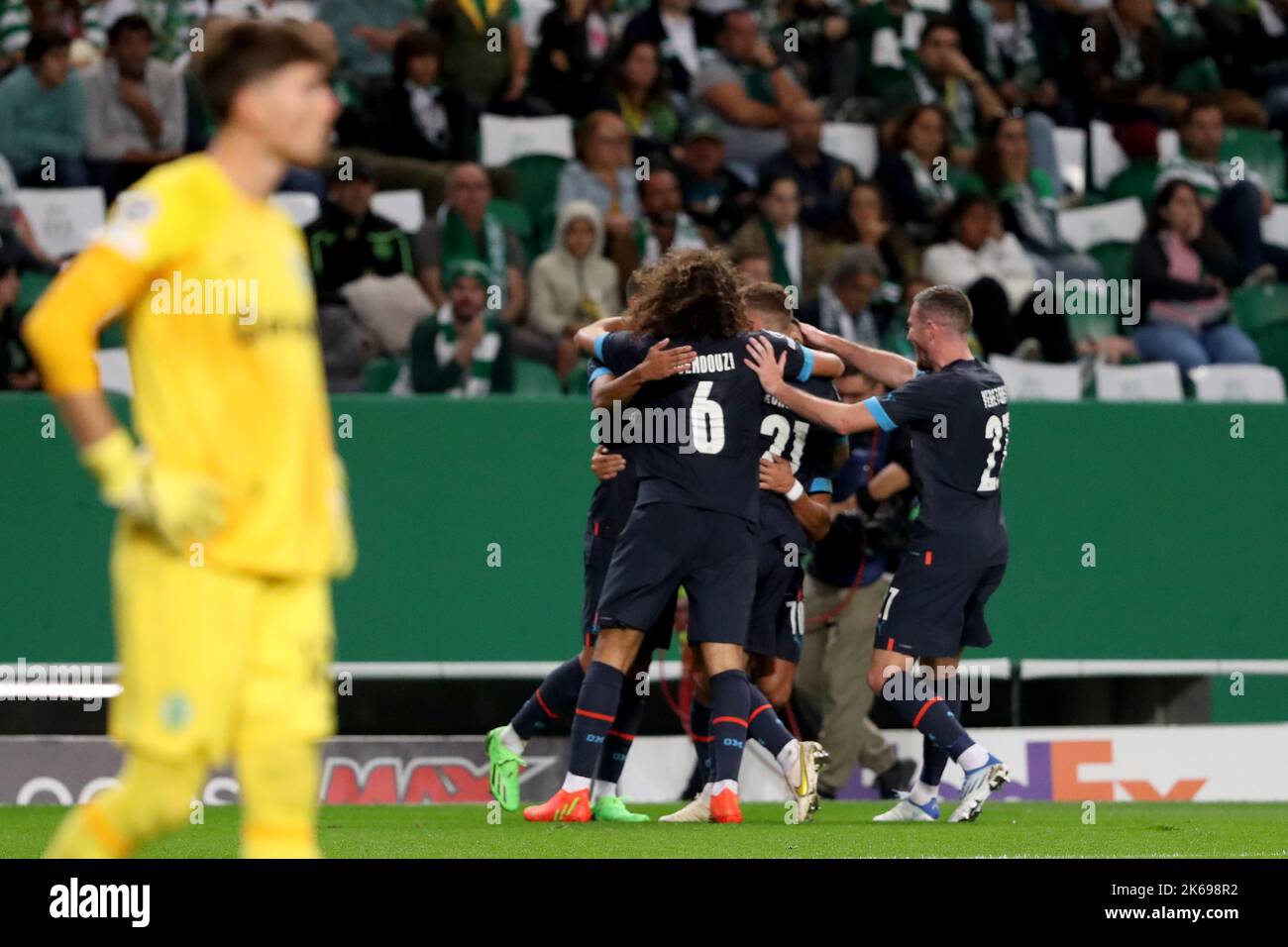 Lisbon, Portugal. 12th Oct, 2022. Alexis Sanchez of Marseille celebrates with teammates after scoring during the UEFA Champions League Group D football match between Sporting CP and Olympique Marseille at the Alvalade stadium in Lisbon, Portugal on October 12, 2022. (Credit Image: © Pedro Fiuza/ZUMA Press Wire) Credit: ZUMA Press, Inc./Alamy Live News Stock Photo