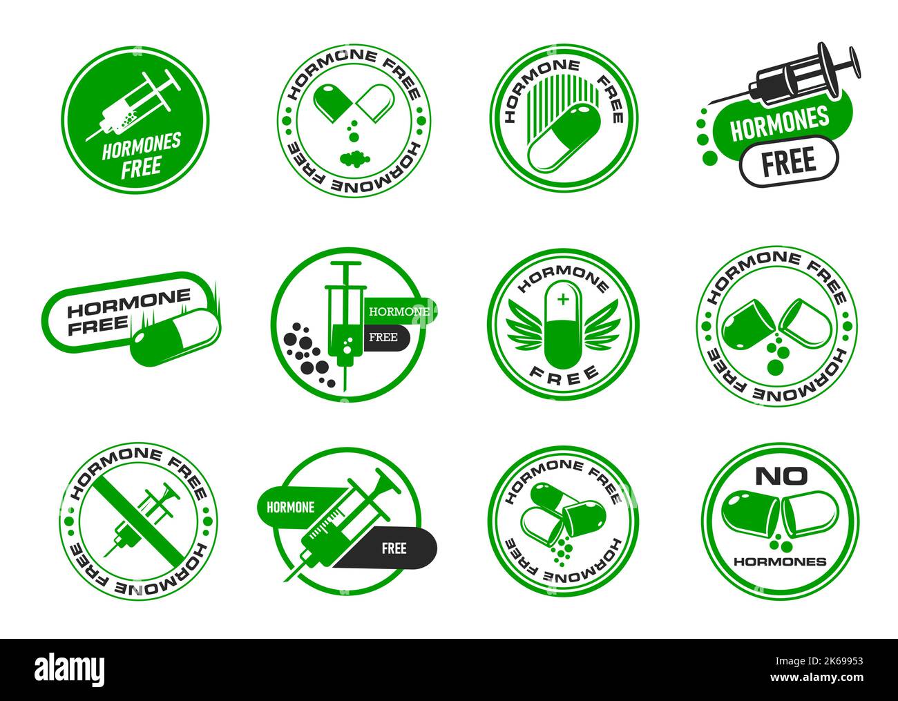 Hormone free icons, healthy organic food stickers and labels, vector stamps. Natural farm meat and no GMO products sign, USDA no hormones icon with syringe and pill for healthy food package badges Stock Vector