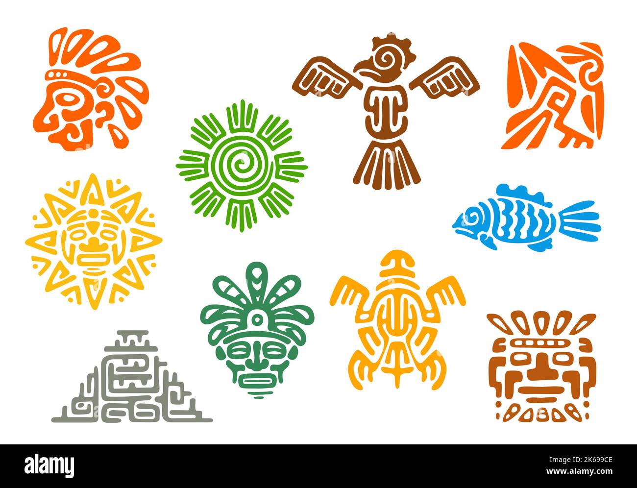 Mayan Aztec totems, Mexican tribal vector symbols of sacred animals and birds. Maya or Mexico Inca tribe totem signs of sun, fish, turtle or pyramid and deity mask, ethnic Aztec tribal symbols Stock Vector