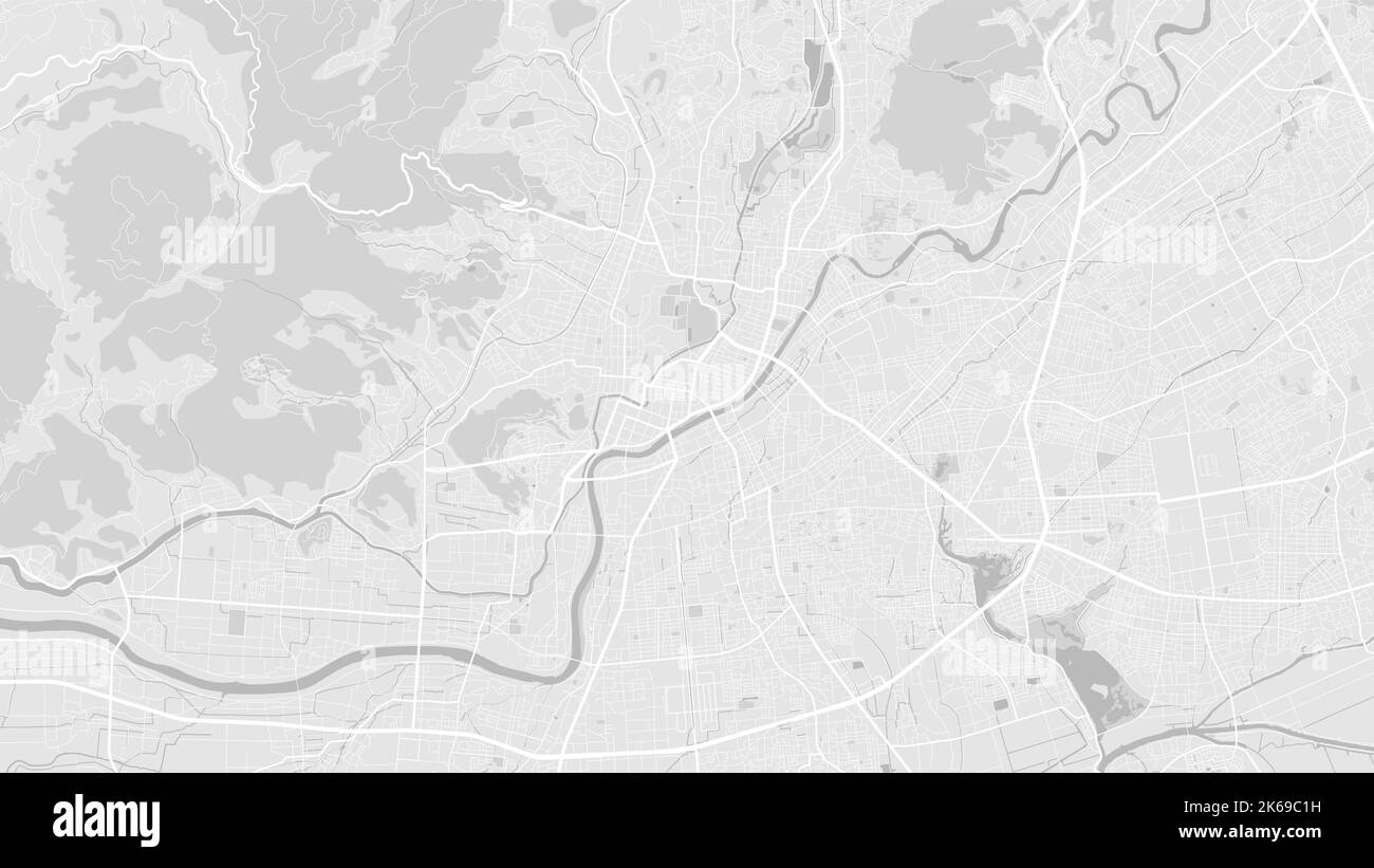 White and light grey Kumamoto city area vector background map, roads and water illustration. Widescreen proportion, digital flat design roadmap. Stock Vector