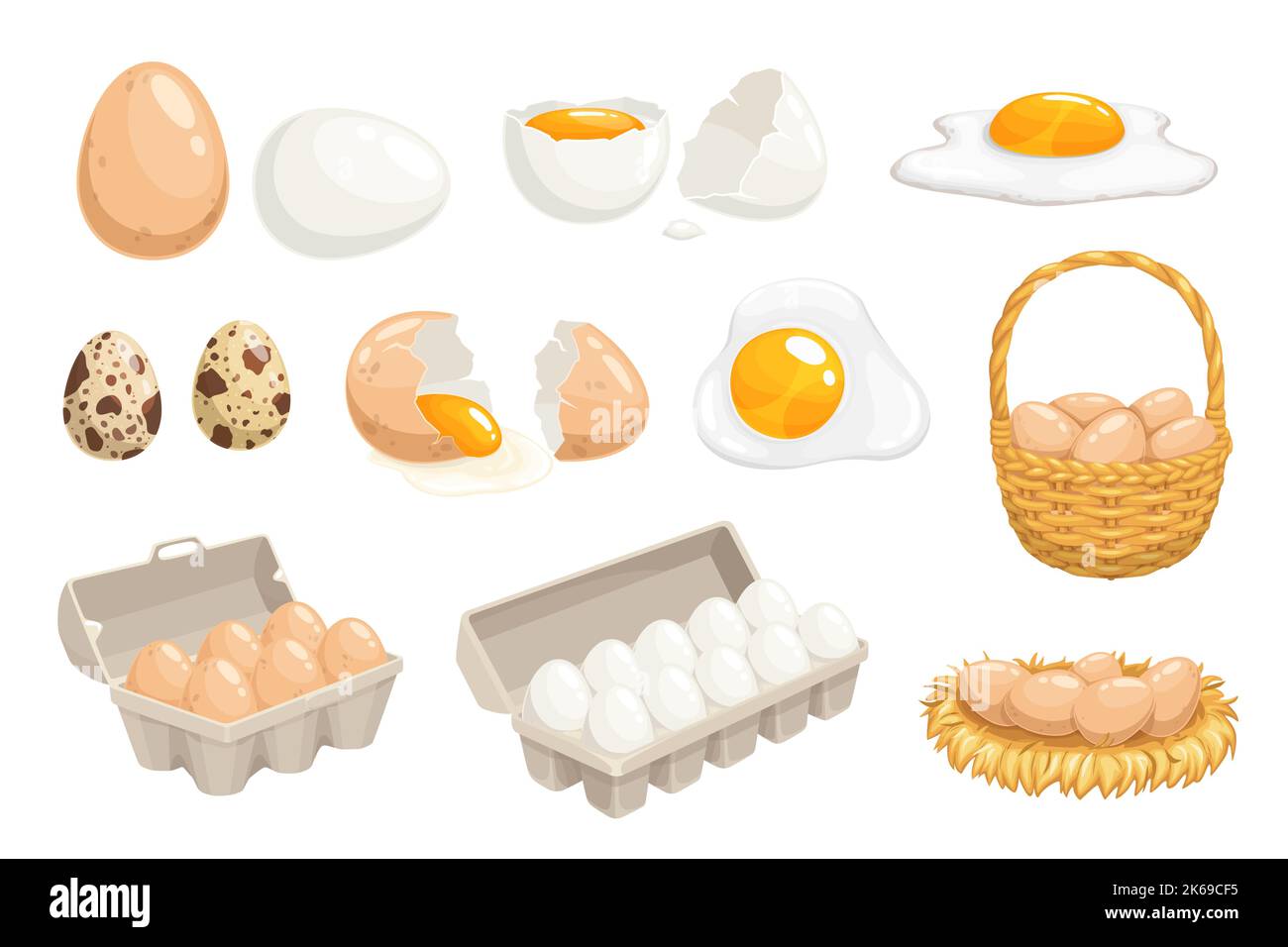 Cartoon eggs in basket, tray, nest and box, chicken and quail eggs, vector. Eggs in hen nest and wicker basket or in carton box, boiled and fried omelette, poultry farm food products Stock Vector