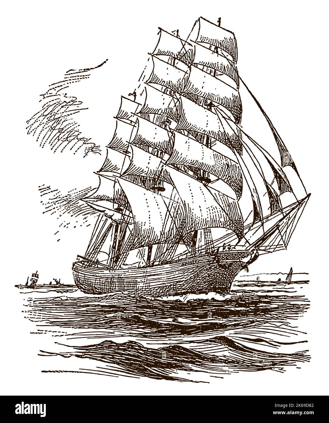 Antique clipper sailing on wavy sea Stock Vector