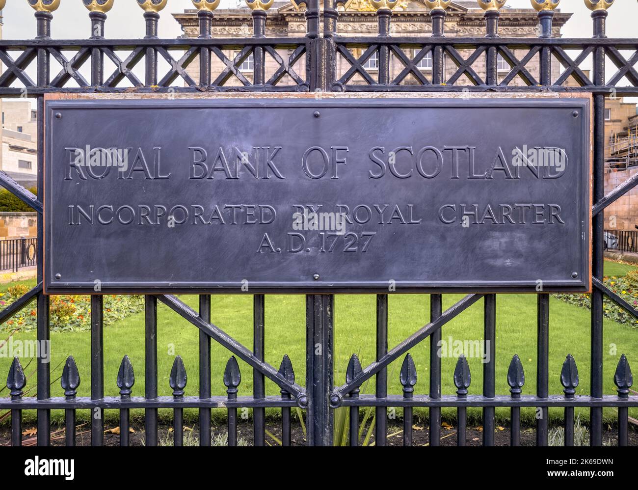 Metal plaque on the gates of the Royal Bank of Scotland, St Andrew Square, Edinburgh, Scotland, UK Stock Photo