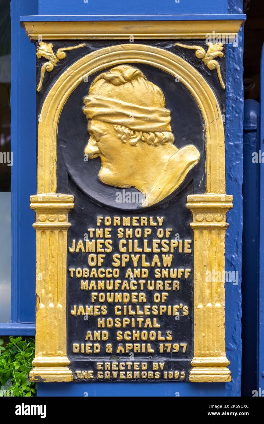 Plaque marking the site of James Gillespie’s shop, founder of James Gillespie's Hospital and School. Stock Photo