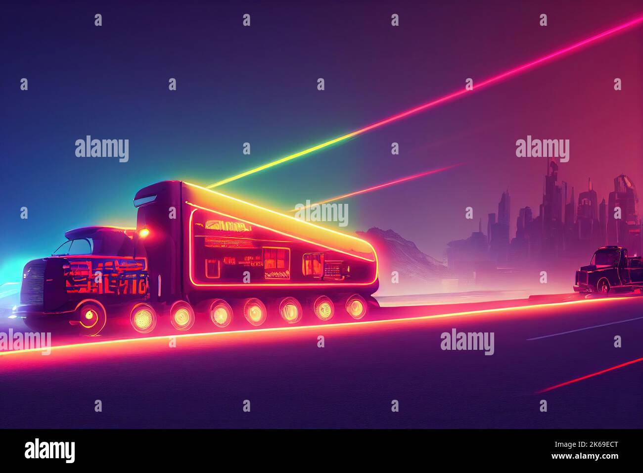 Futuristic retro wave synth wave car. Big truck. Retro truck with neon