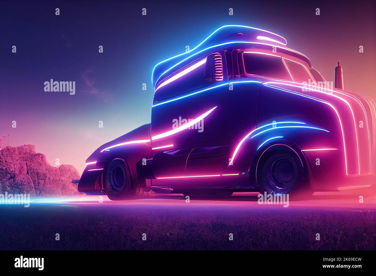 Futuristic retro wave synth wave car. Big truck. Retro truck with neon