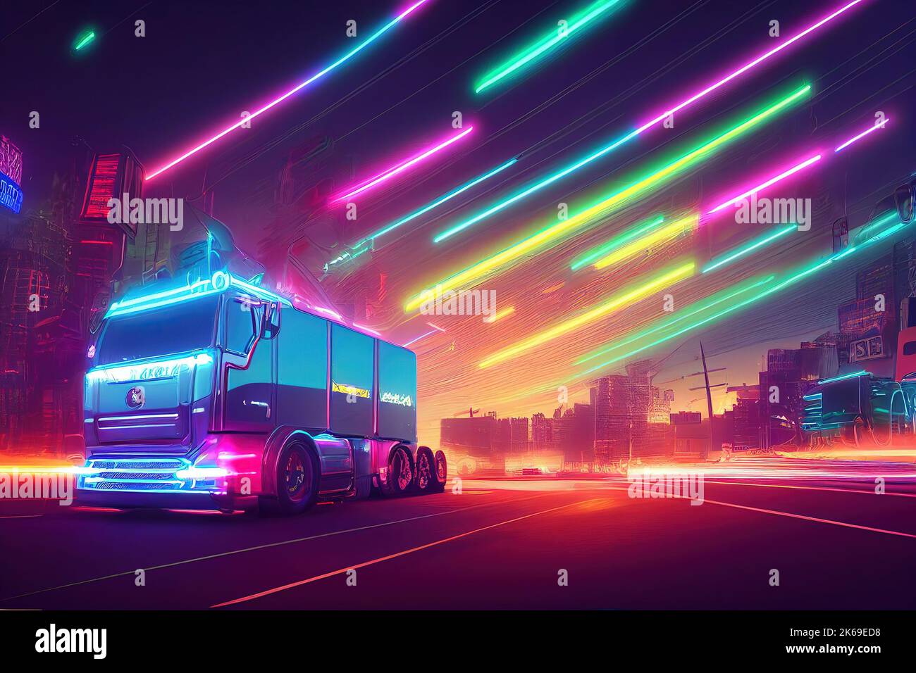 Futuristic retro wave synth wave car. Big truck. Retro truck with neon