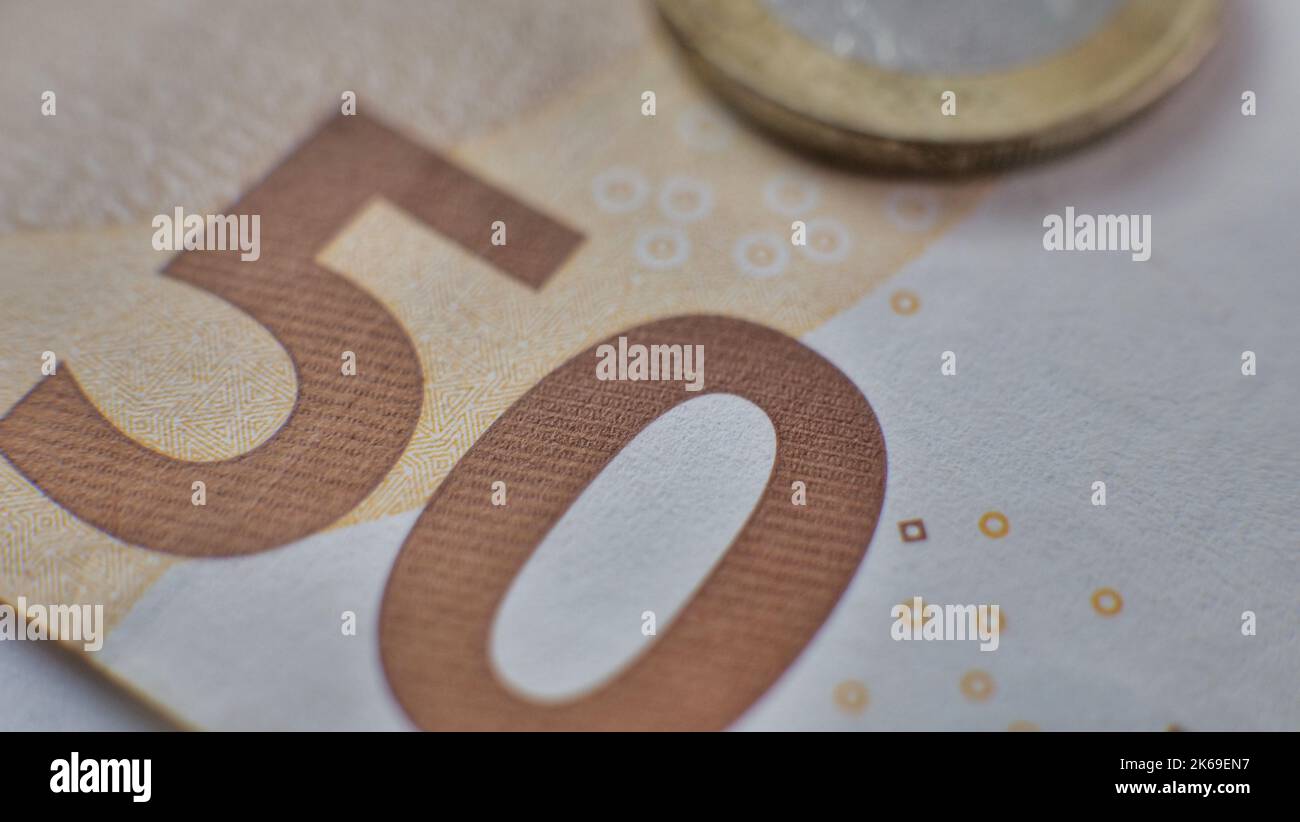 Close up macro detail of EURO money banknotes, detail photo of EURO. World money concept, inflation and economy concept Stock Photo