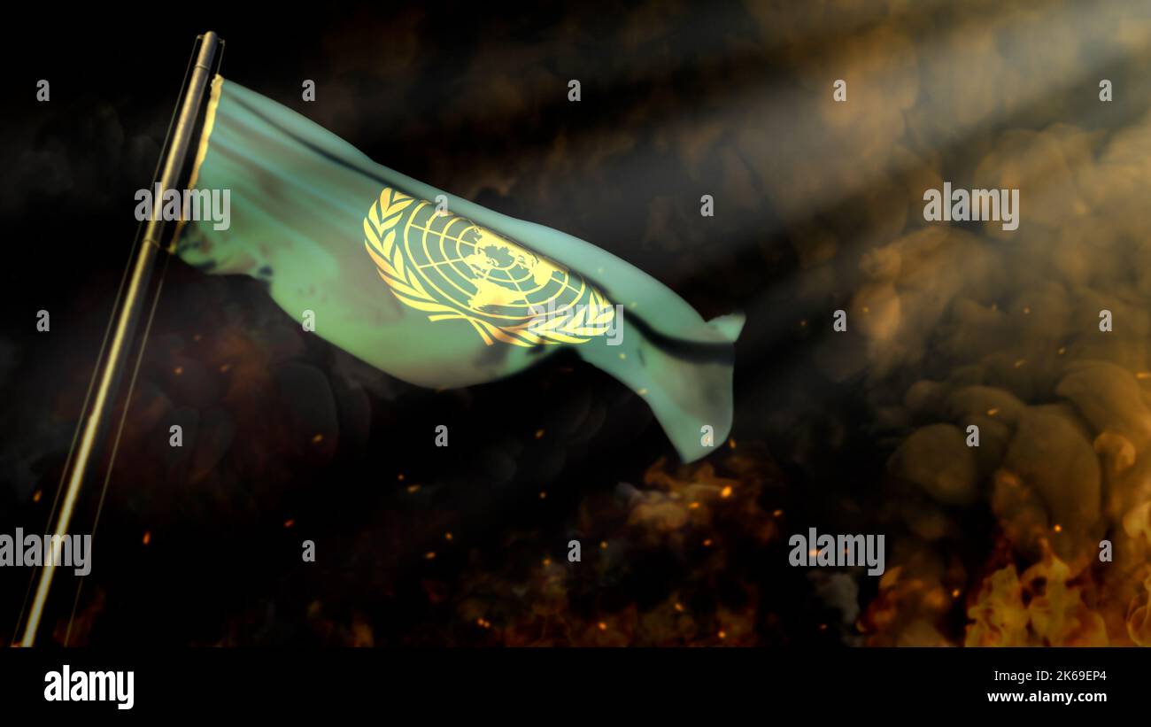defocused United Nations (UN) flag on smoke with sun beams background ...