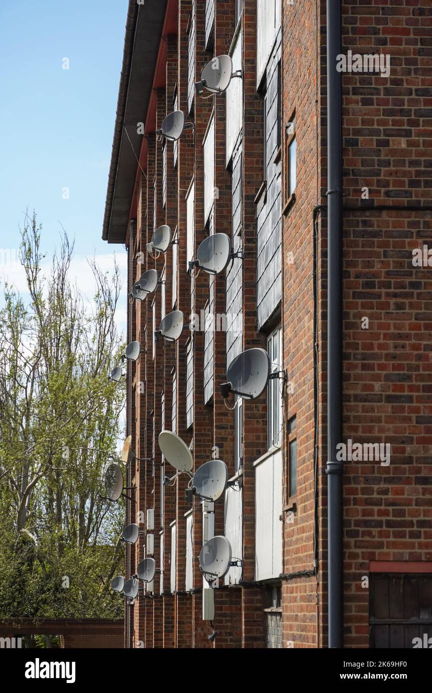 Satellite dishes on a wall of residential block, London, England United Kingdom UK Stock Photo
