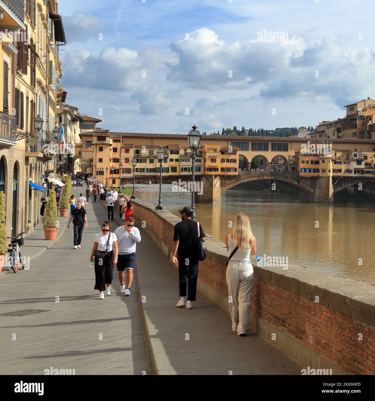 Arno River in Florence with Ponte Vecchio bridge, Stock Photo