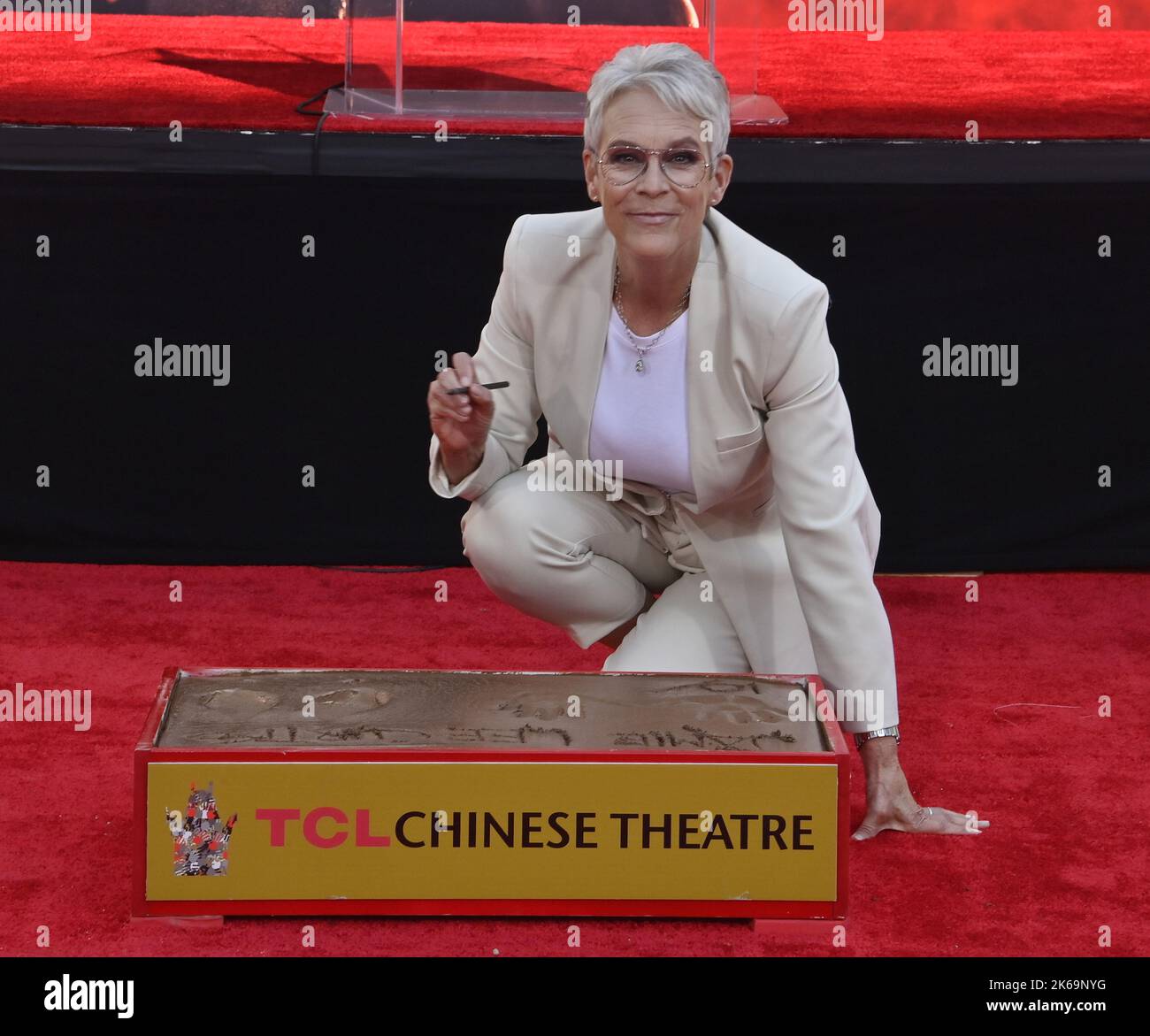 Los Angeles, United States. 12th Oct, 2022. Actress Jamie Lee Curtis participates in a hand and footprint ceremony immortalizing her in the forecourt of the TCL Chinese Theatre (formerly Grauman's) in the Hollywood section of Los Angeles on Wednesday, October 12, 2022. Photo by Jim Ruymen/UPI Credit: UPI/Alamy Live News Stock Photo