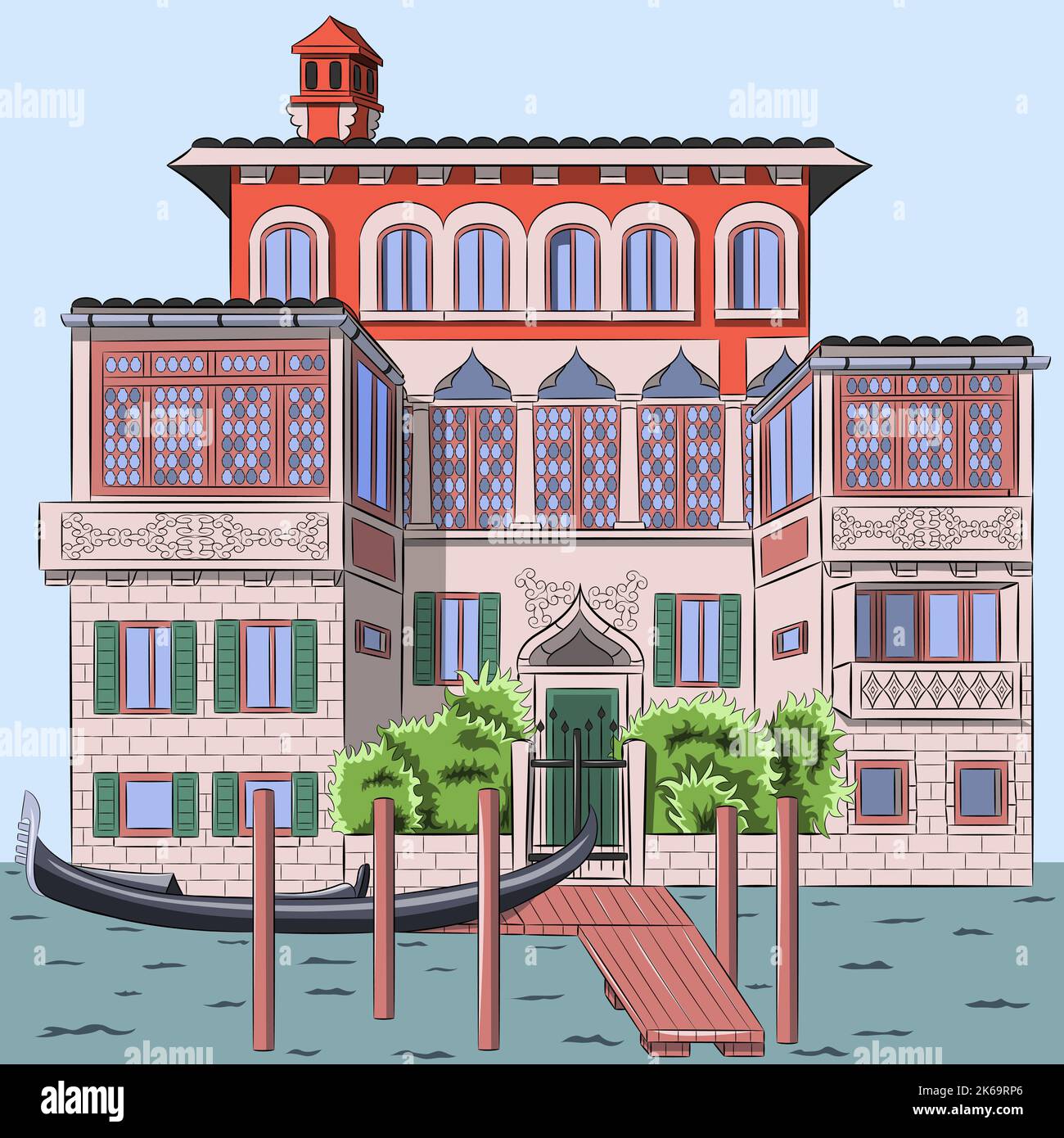 Traditional gondola near the pier in Venice. Italy. Vector illustration. Stock Vector