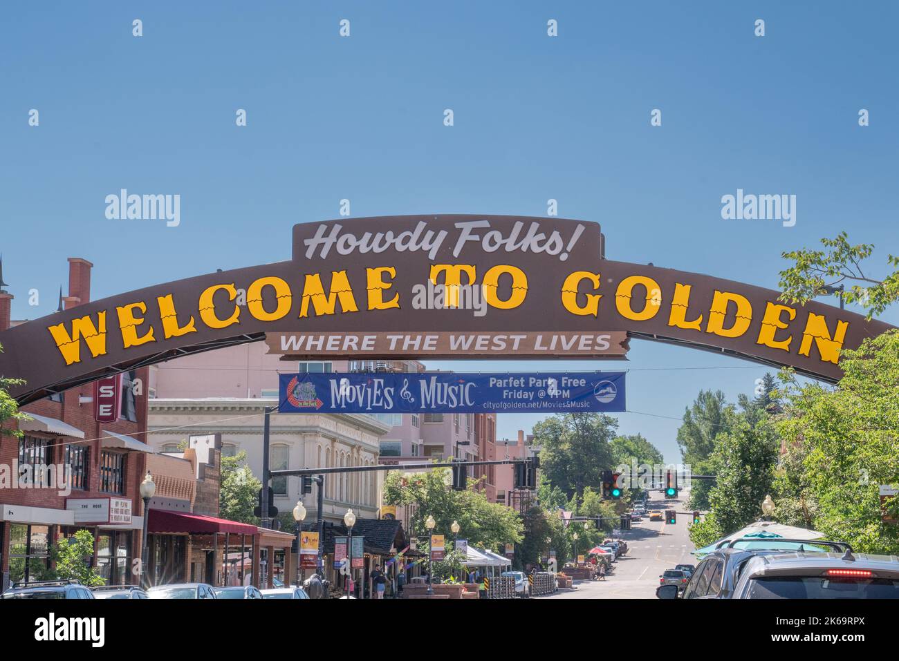Golden, Colorado - August 8, 2022: Welcome to Golden sign along Washington street in Golden Colorado Stock Photo