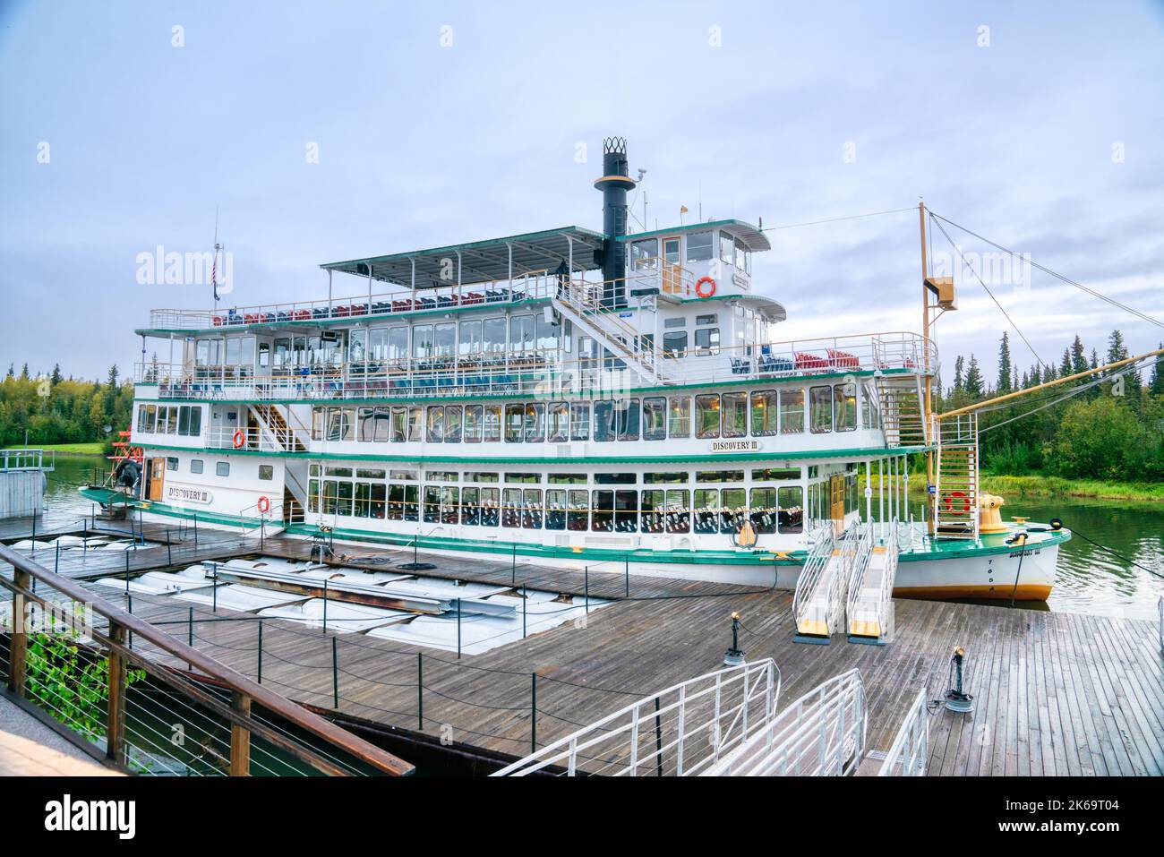 Fairbanks, Alaska - August 27, 2022: Riverboat Discovery III docked at Steamboat landing in Fairbanks, Alaska. The stern wheel boat is owned by the Bi Stock Photo