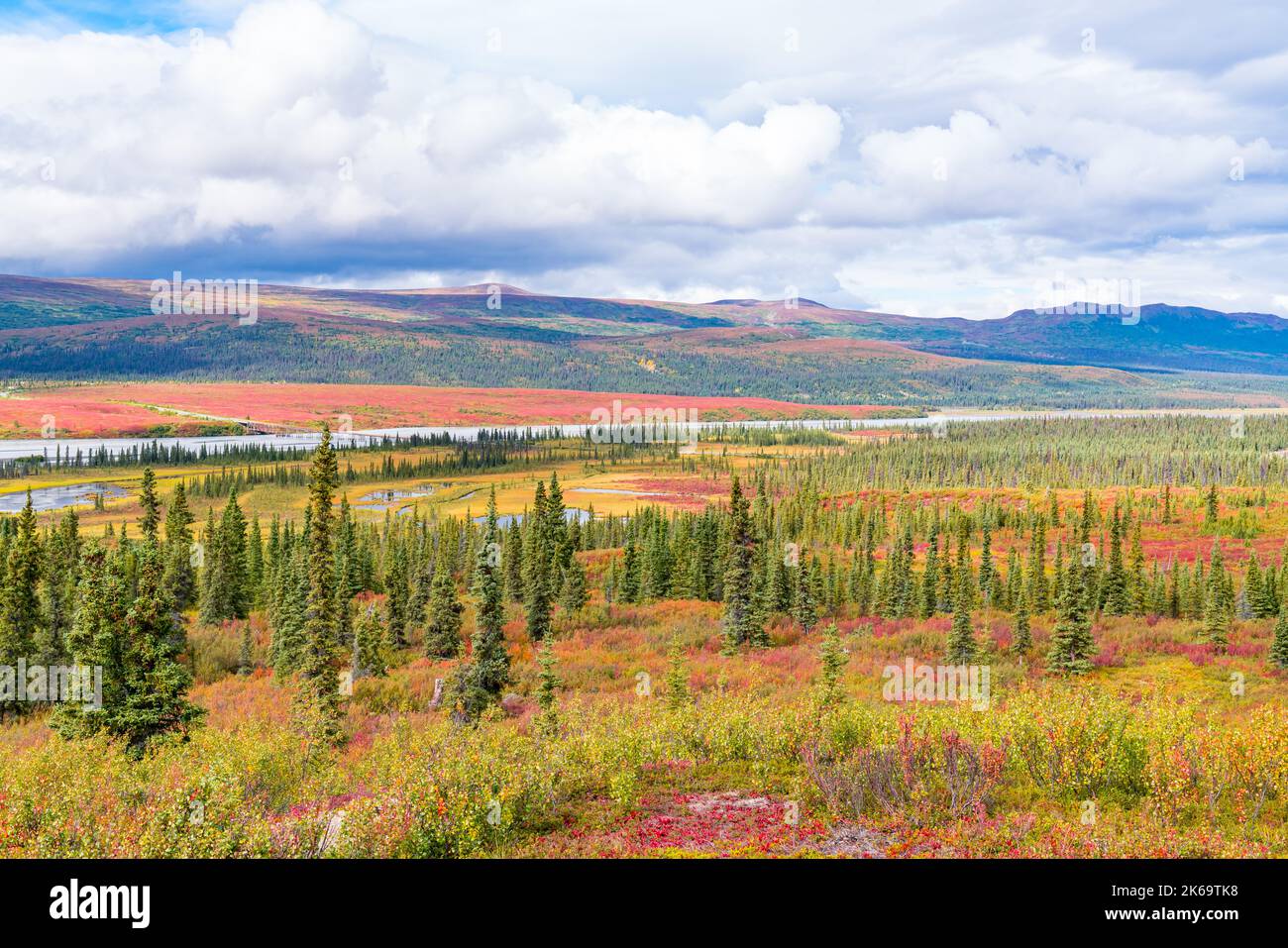 Tundra and mountains along the Sustina River on the  Denali Highway in Alaska Stock Photo