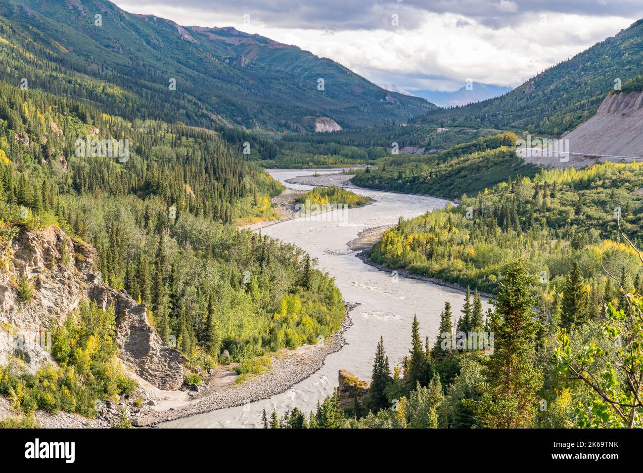 Nenana River winding through the valley along the Denali Highway Alaska Stock Photo