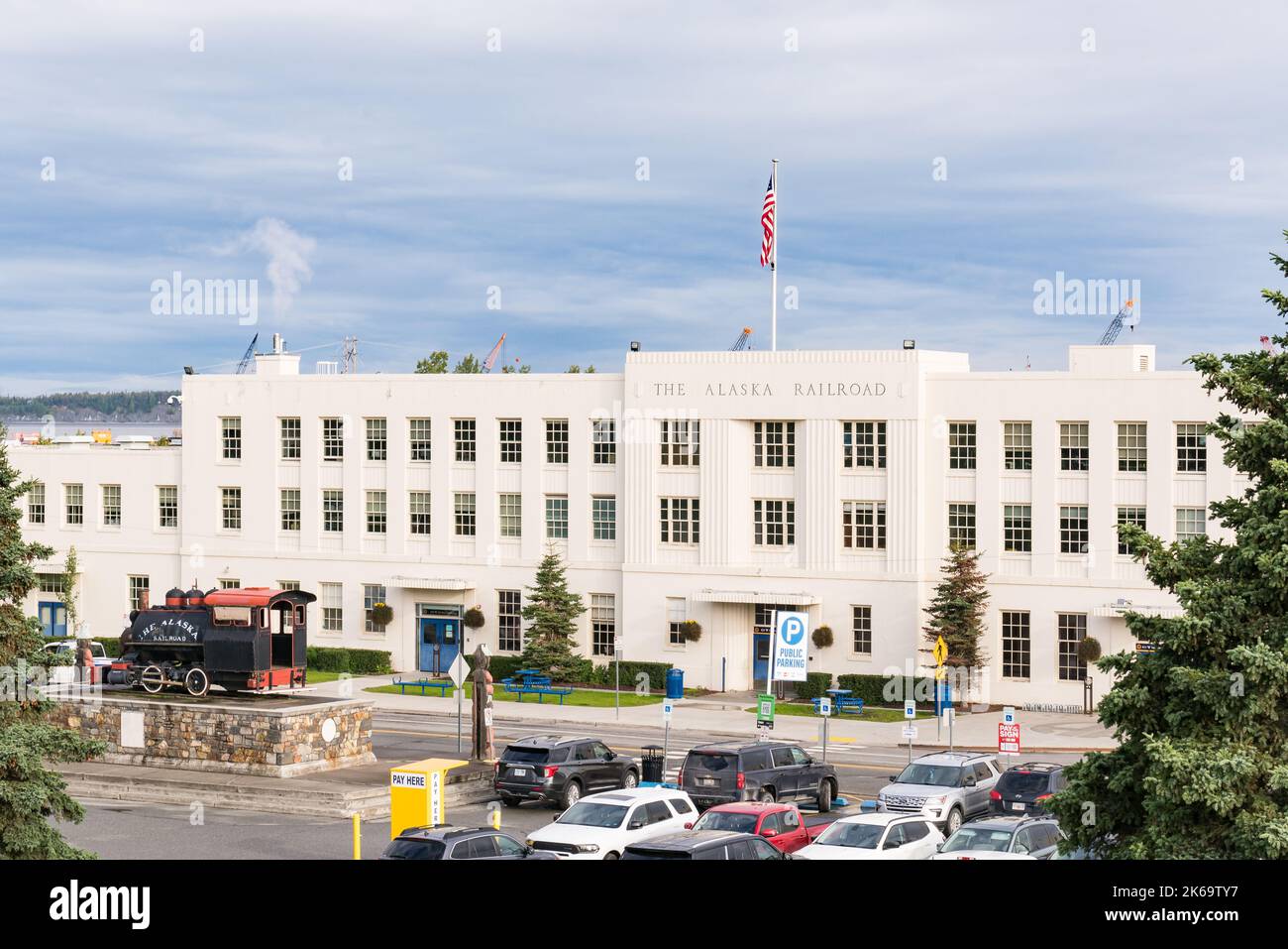 Anchorage, Alaska - September 4, 2022: Exterior of the Alaska Railroad train depot  in downtown Anchorage, Alaska Stock Photo