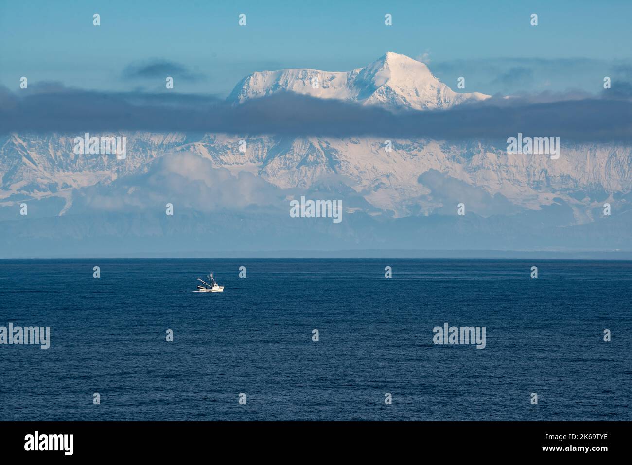 Mount Saint Elias along the ocean on the Alaska coast Stock Photo
