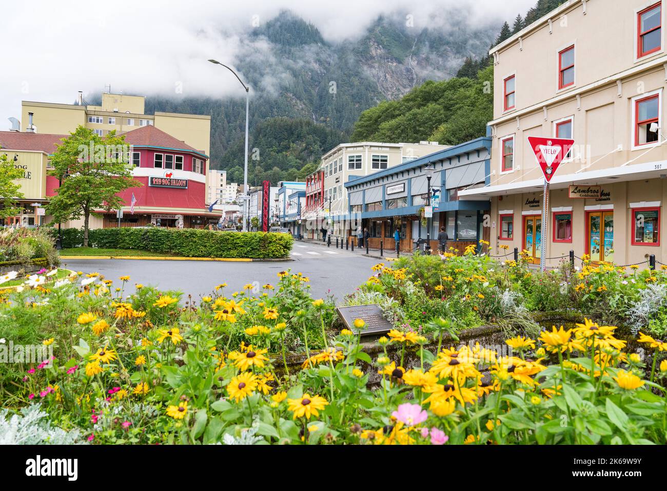 Juneau, Alaska - September 8, 2020: View of Franklin Street looking north in the old city district of Juneau, Alaska Stock Photo