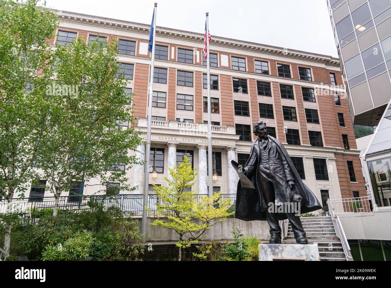 Juneau, Alaska - September 8, 2020: Statue of William Seward, responsible for the purchase of the Alaska Territory, stands in front of Alaska Capitol Stock Photo