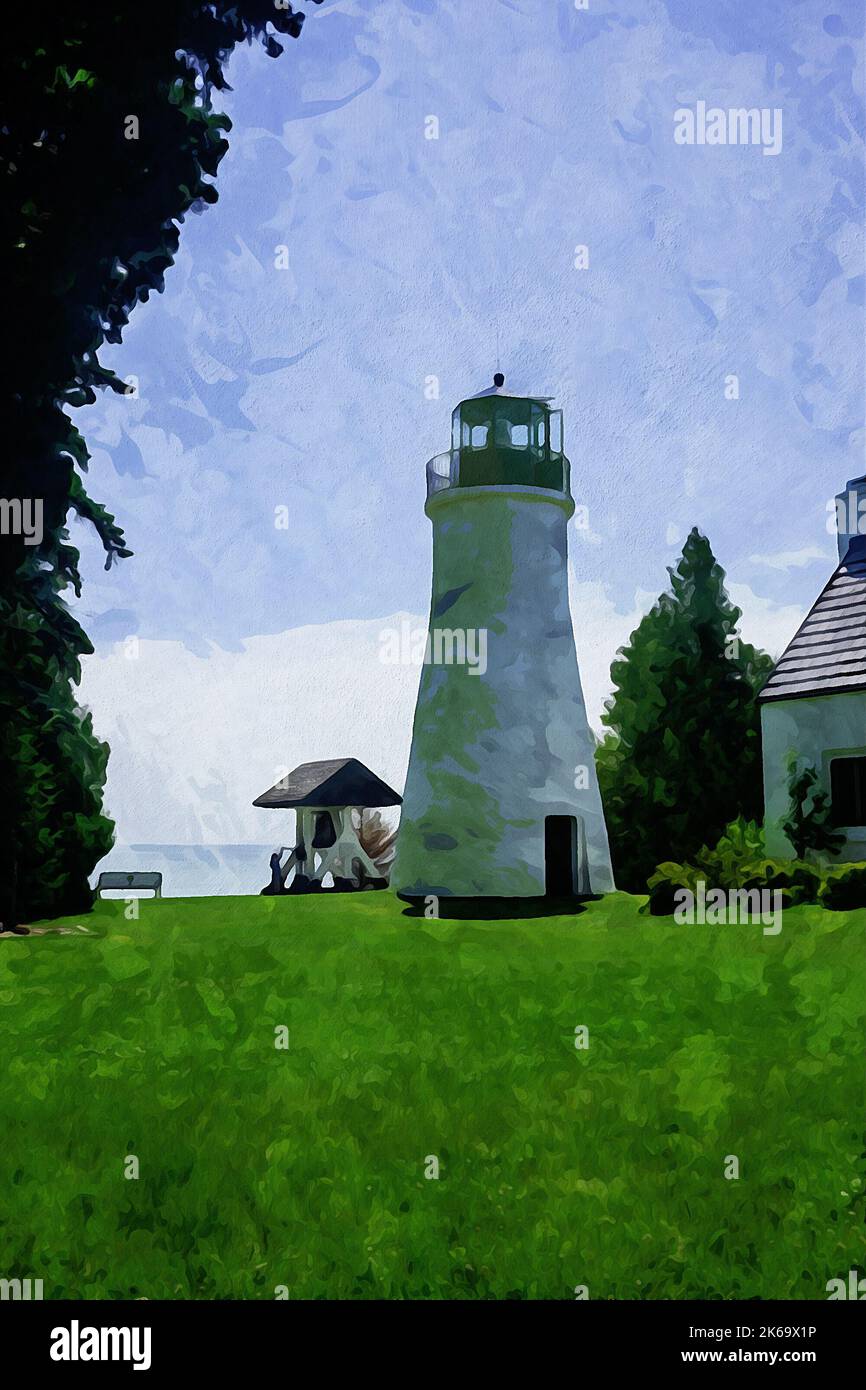 Digitally created watercolor painting of Old Presque Isle Lighthouse located in a public park