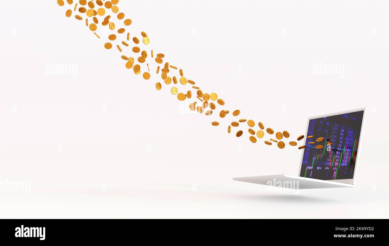 Gold coin money flying out of laptop screen, with office table, online ...