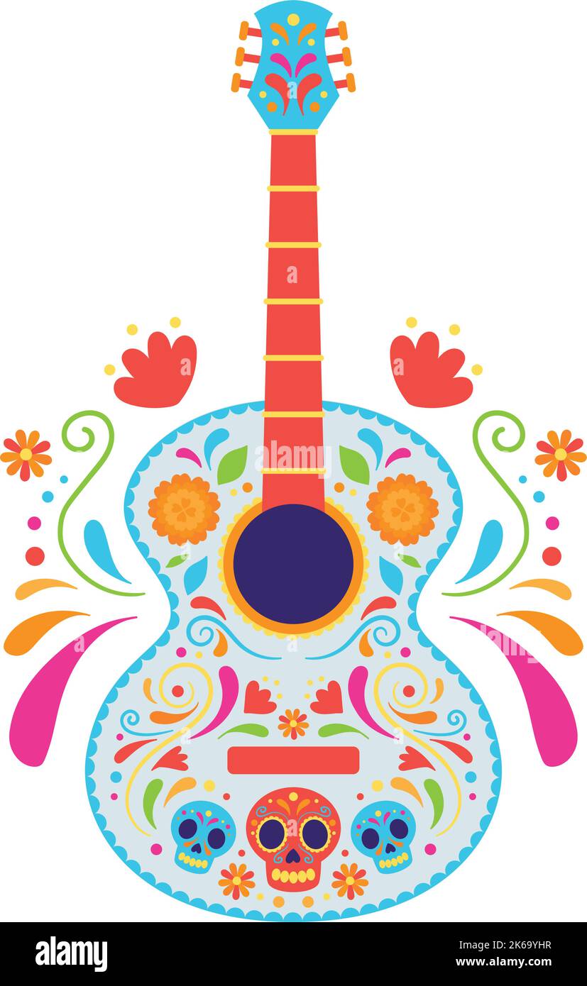 Isolated colored guitar musical instrument with ornaments Vector Stock