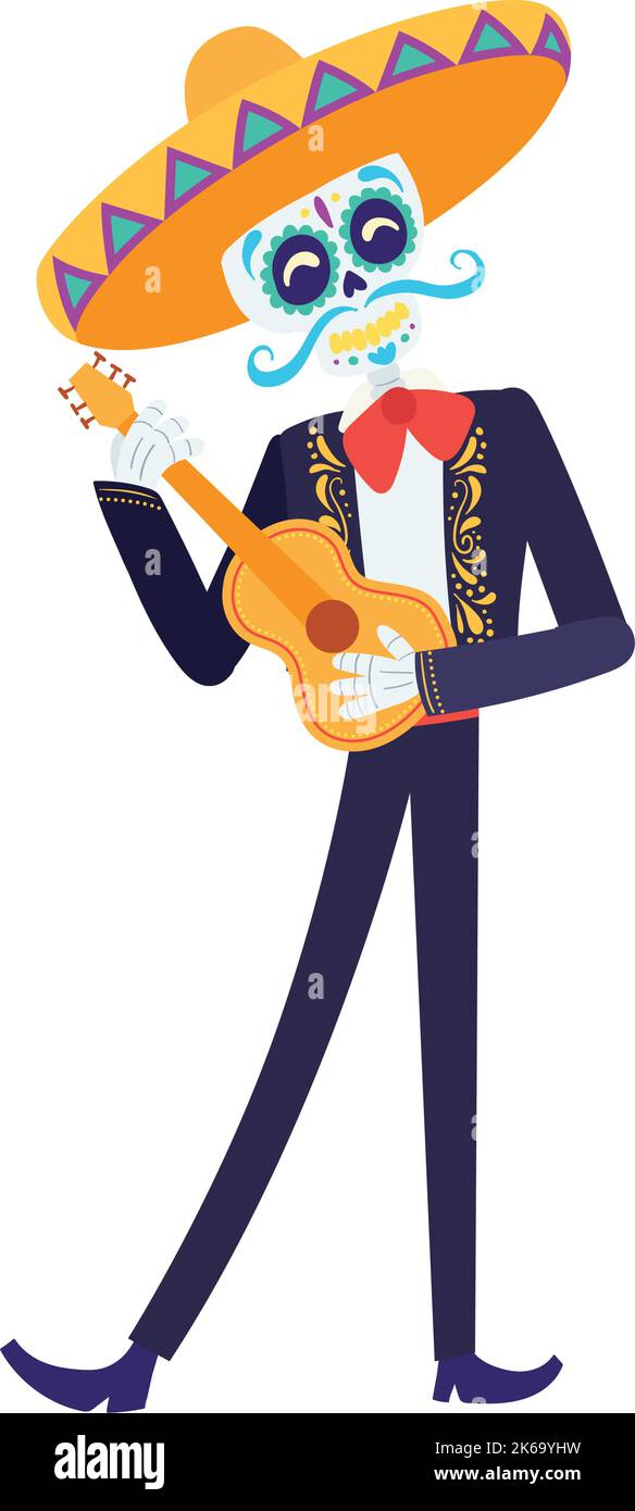Isolated cute mexican male skeleton character with guitar Vector Stock Vector