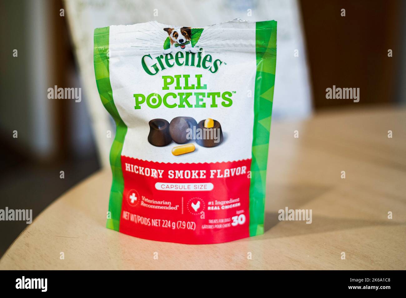 A package of Greenies' Pill Pockets used to hide pills for pets in a delicious flavored pocket of food. USA. Stock Photo