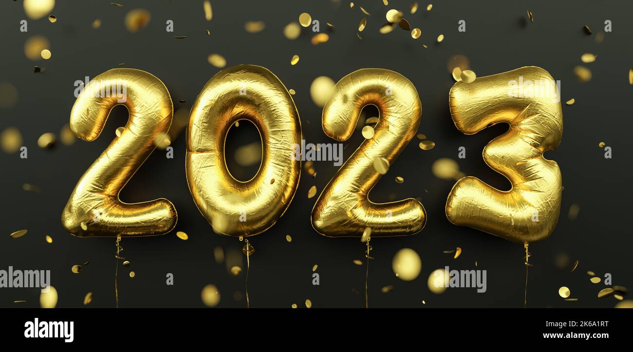 Happy New 2023 Year. 2023 golden foil balloons and falling confetti on black background. Gold helium balloon numbers. Festive poster or banner concept Stock Photo